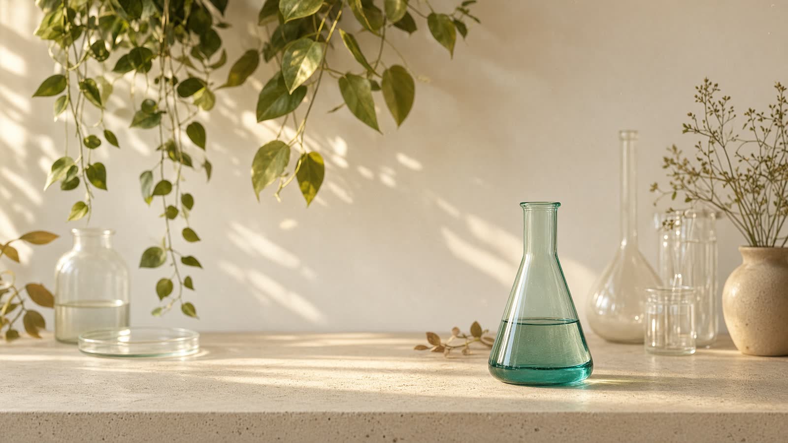 Morning light through laboratory glassware