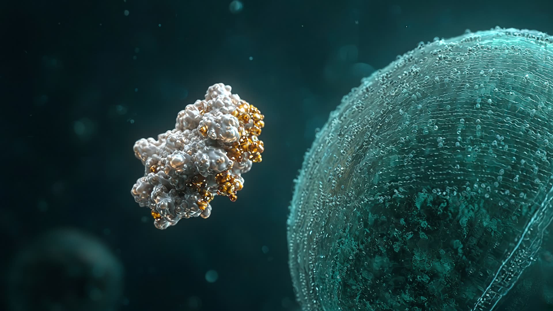 Scientific visualization of a compact nanobody approaching a cancer cell membrane
