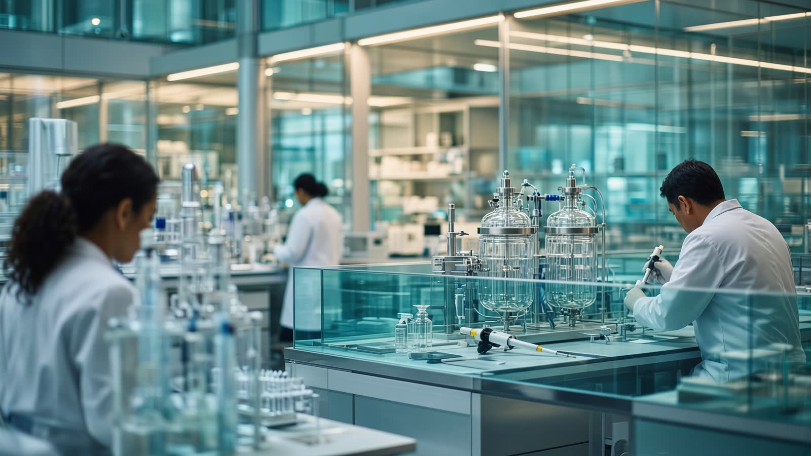 Scientists working in a modern biotechnology laboratory